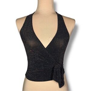 Vintage Y2K Sheer Black Sparkly Halter Top with Wrap Front Tie